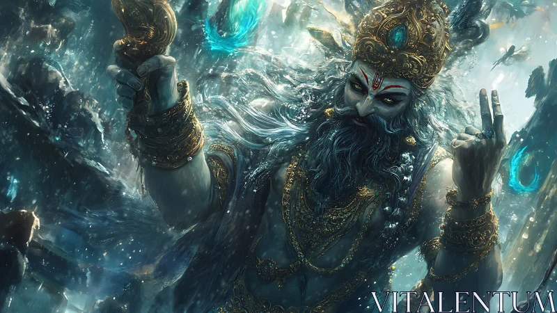 Mythic ocean deity commanding turbulent luminous waters.