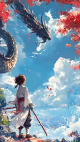 Digital painting of samurai confronting celestial dragon skyward.