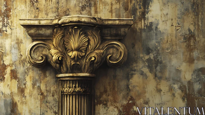 Aged Corinthian capital with weathered patina against mottled wall