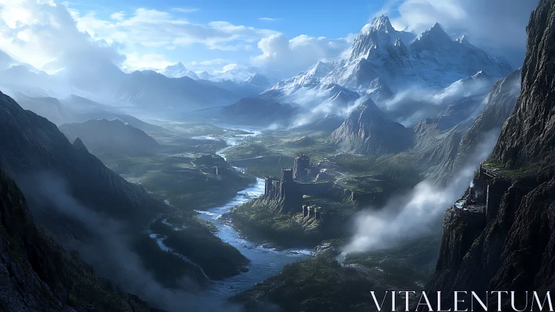 Epic mountain valley fortress under sweeping storm clouds.