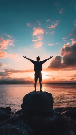Silhouetted figure on coastal rocks under radiant sunset sky.