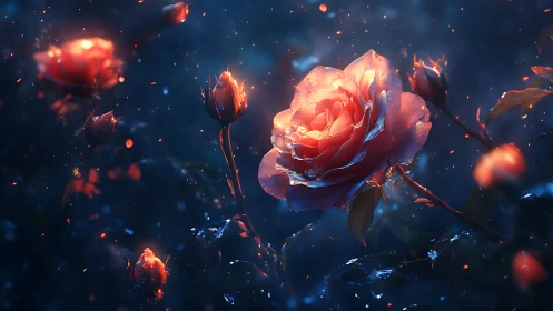 Illuminated Roses with Chromatic Particle Effects Against Deep Blue Atmosphere