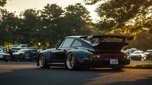 Classic Porsche 911 Turbo gleams at golden hour car meet.