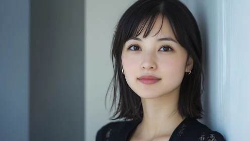 Portrait of young woman with short dark hair in soft natural light.