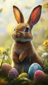 Bright-eyed meadow bunny guarding a jewel-toned egg trove.