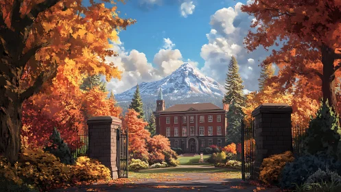 Autumn gates unveil a mountain academy in flaming color.