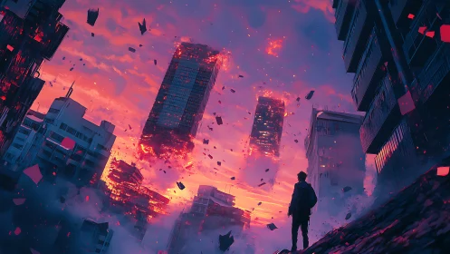 Solitary figure observes disintegrating neon skyscrapers at dusk