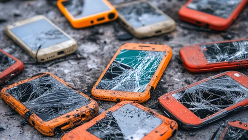 Broken rugged smartphones lie scattered on dirty ground