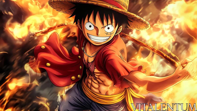 Straw hat anime hero charging through blazing firestorm.
