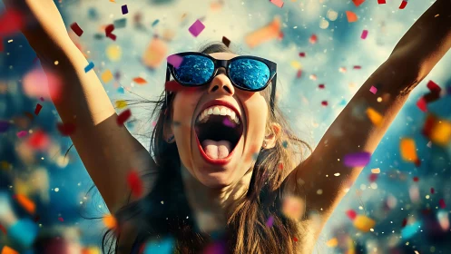 Skyward confetti eruption around jubilant woman in sunglasses.