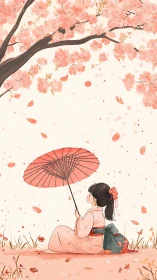 Girl in kimono rests under falling cherry blossoms calmly