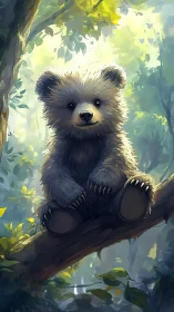 Forest cub pauses mid-adventure, glowing in painterly light