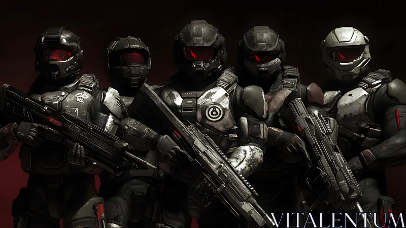 Armored sci fi strike team stands united in ominous red light