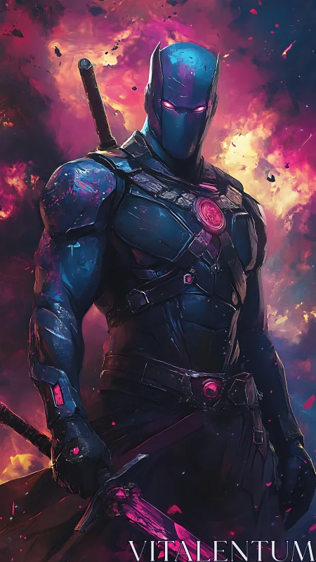 Armored cyber-assassin with neon blades in volatile plasma field.