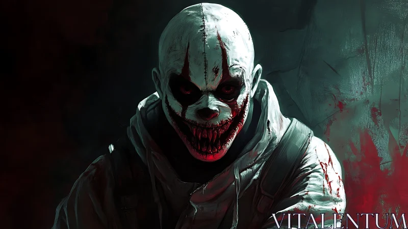 Sinister clown-faced figure in dark, bloodstained setting.