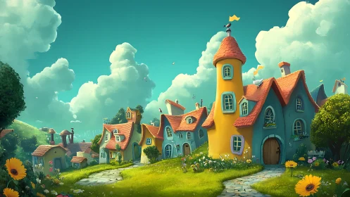 Whimsical village of curved cottages under bright clouds.