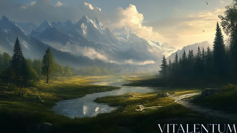 Mountain valley river with conifer forest under soft daylight.