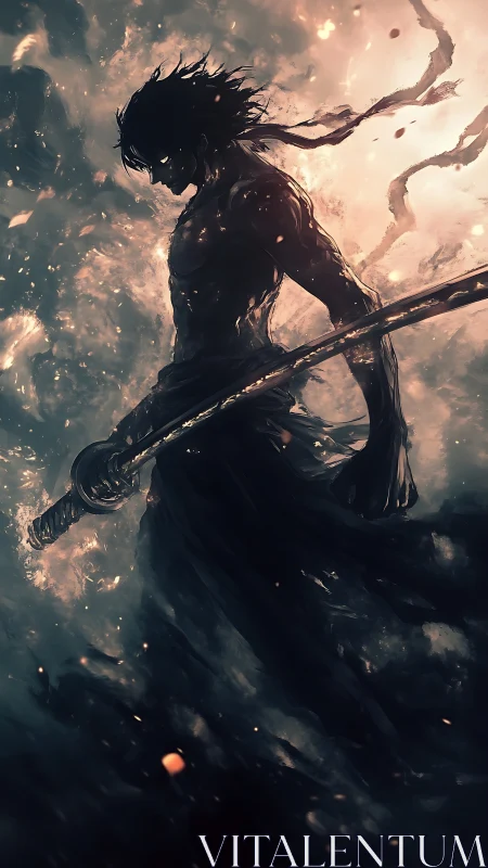 Stormlit swordbearer emerging from swirling twilight fire.
