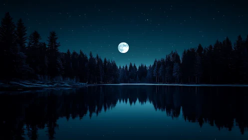 Full moon over conifer forest reflected in still lake at night.