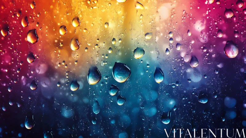 Iridescent raindrops on glass over prismatic bokeh field.