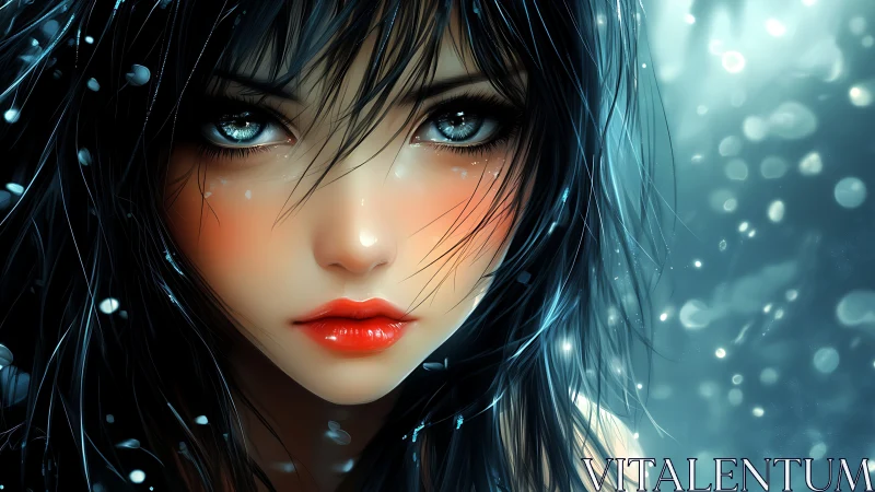 Stormlit gaze of a dreamlike girl in soft blue glow.
