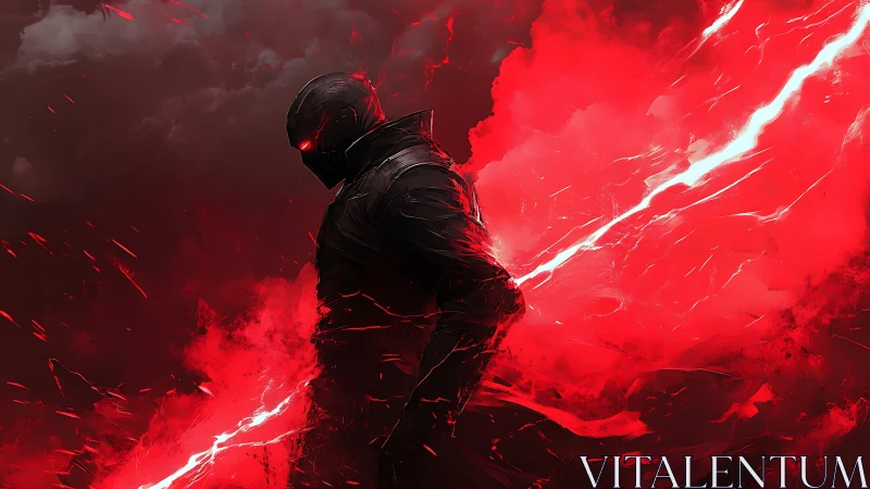 Shadowed warrior wrapped in blazing red storm energy.