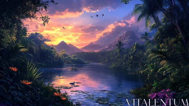 Sunset river through lush tropical jungle valley panorama.