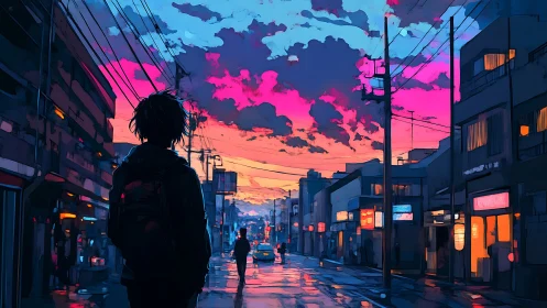 Urban street scene with silhouetted figure at sunset twilight.