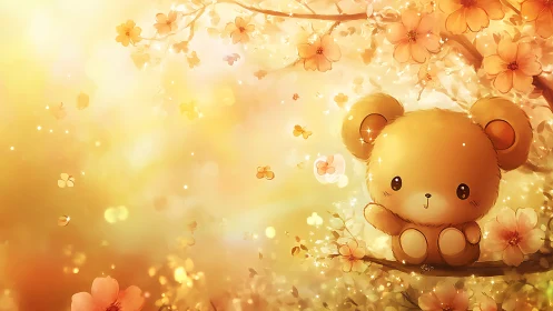 Gentle teddy bear enjoys a golden blossom-filled spring day