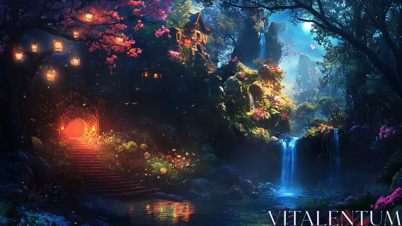 Fantasy forest sanctuary with glowing gate and falls.