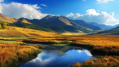 Golden valley river mirror beneath storybook blue skies.
