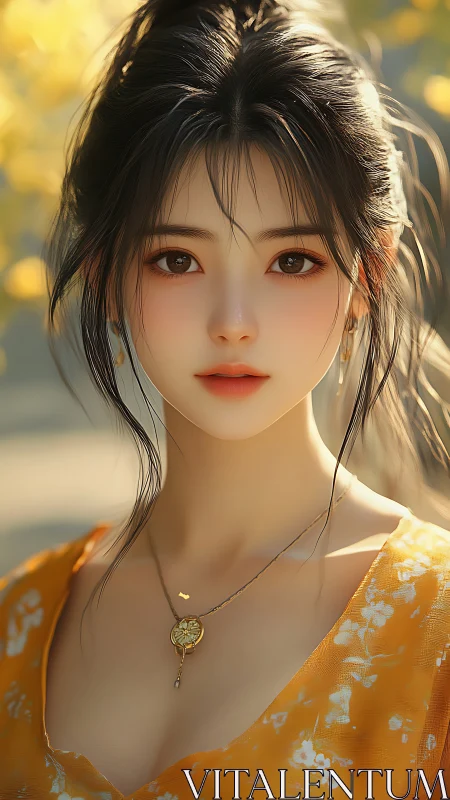 Digital portrait of serene woman in golden sunlight.
