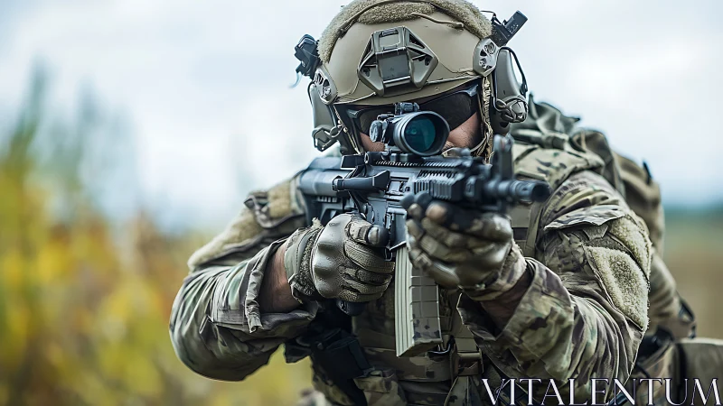 Focused soldier aims forward with modern tactical rifle outdoors
