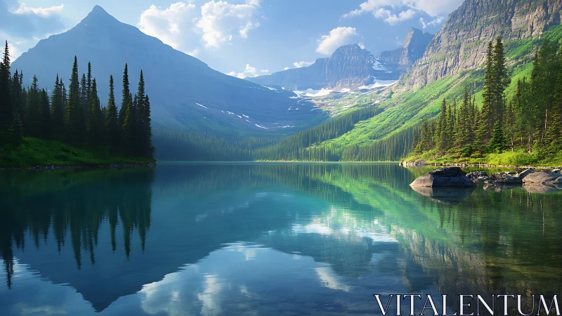 Glacial alpine lake with conifer forest reflections at sunrise
