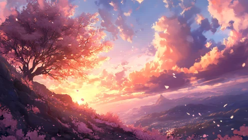 Sakura tree on mountainside overlooking sunset valley panorama