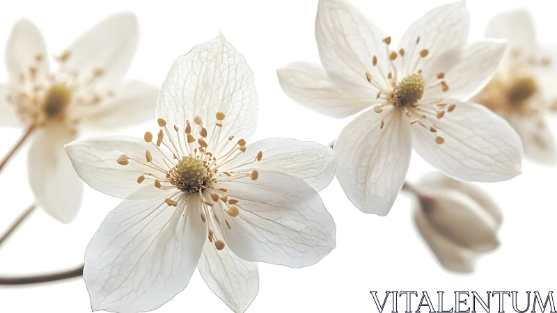 Delicate white flowers with prominent golden stamens on pale background.