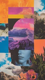 Surreal landscape collage merges mountain vistas and partial face