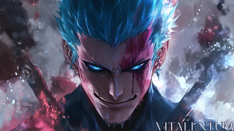 Blue-haired warrior with glowing eyes amid explosive energy.