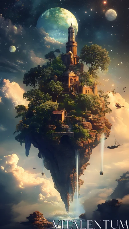 Floating island tower under planets in luminous sky.