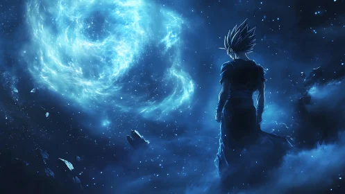 Celestial warrior gazing into luminous cosmic vortex.