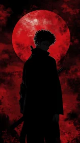 Shadowed swordsman stands before a blood-red full moon.