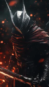 Dark knight stalks through glowing embers with grim purpose