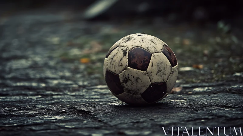 Weathered soccer ball resting on wet textured pavement surface.