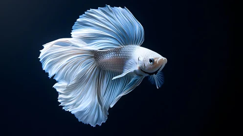 Elegant White Betta Fish with Flowing Fins on Dark Background.