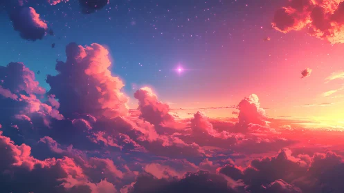 Sunset sky shows pink cloudscape under star-filled gradient