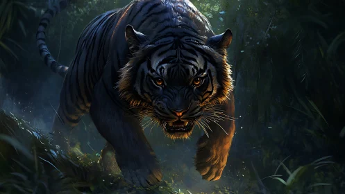 Midnight tiger prowl through moonlit jungle shadows.