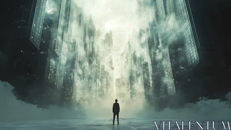 Solitary dreamer watches a mist-lit city unbuild the sky