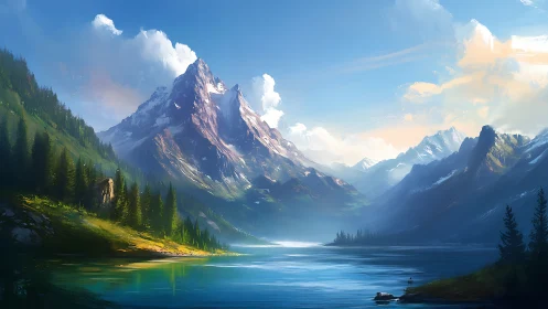 Peaceful mountain lake cradled by sunlit, misty peaks.