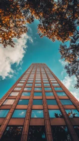 High-rise glass facade framed by tree canopy and sky.