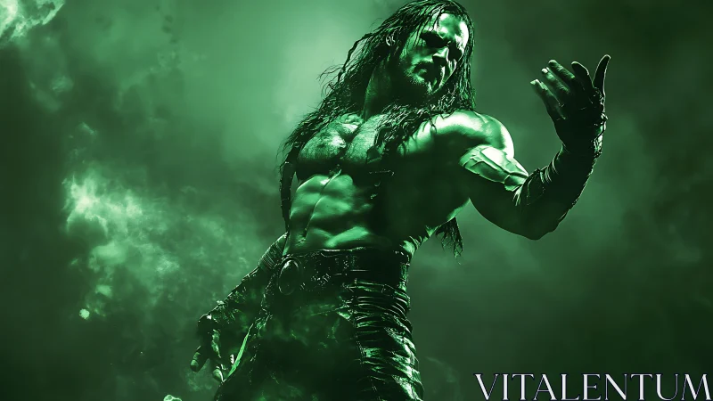 Muscular armored warrior in monochrome green atmospheric backlight